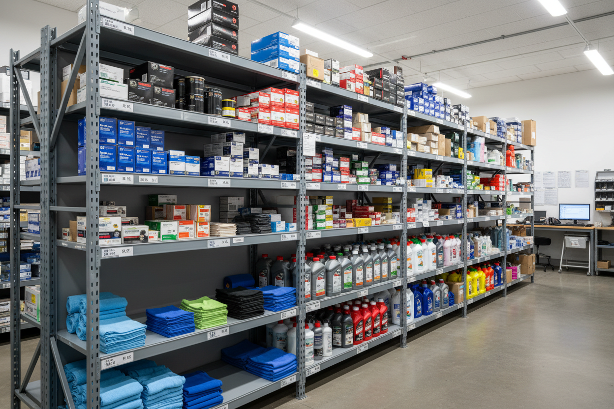 MOTORVEHICLE SERVICE PARTS AND DISPOSABLES ON METAL SHELVES